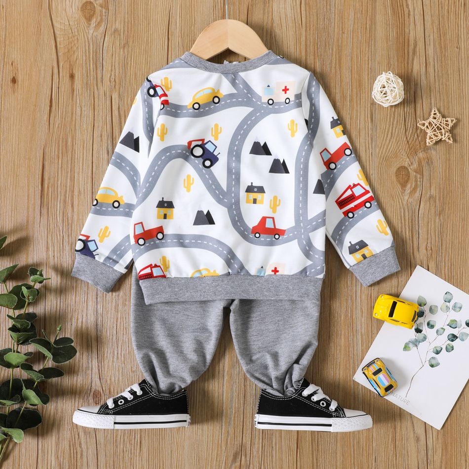 2pcs Toddler Boy Vehicle Print Pullover Sweatshirt and Number Print Grey Pants Set flowergrey big image 2