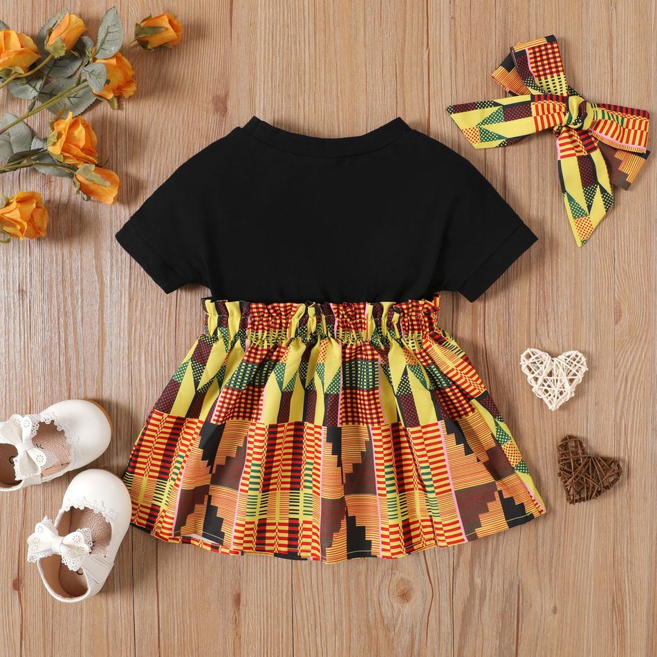 2pcs Baby Girl 95% Cotton Short-sleeve Letter & Geo Print Spliced Dress with Headband Set ColorBlock big image 2