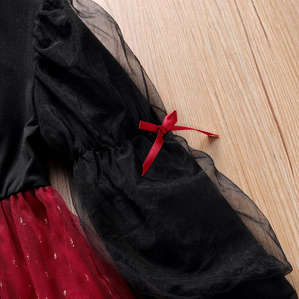 Toddler Girl Bowknot Glitter Design Mesh Splice Long-sleeve Dress Black