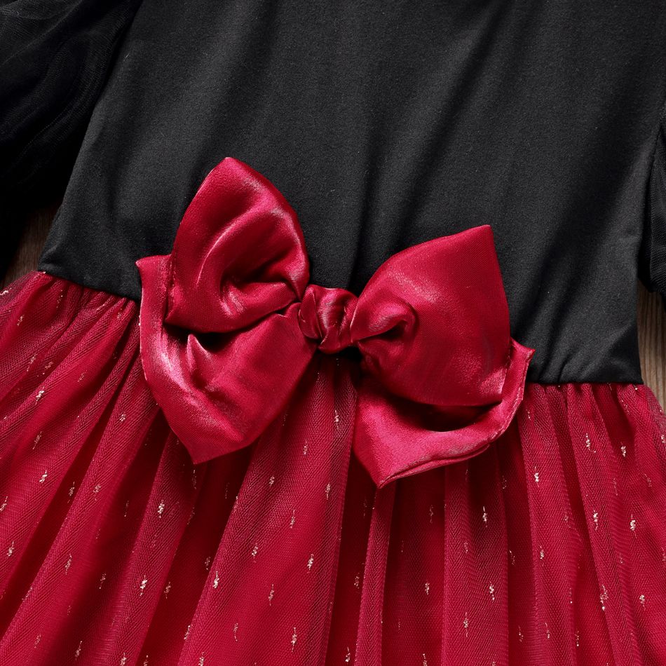 Toddler Girl Bowknot Glitter Design Mesh Splice Long-sleeve Dress Black big image 5