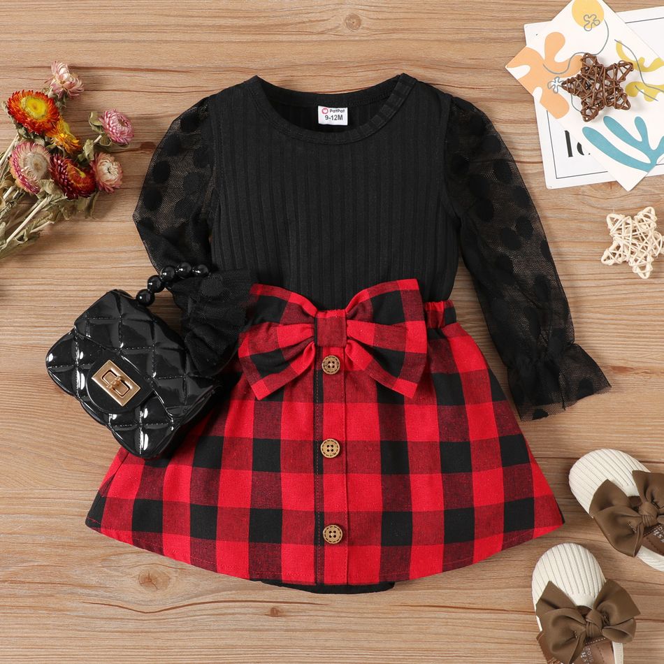 2pcs Baby Girl Lace Long-sleeve Spliced Rib Knit Romper and Plaid Skirt Set redblack