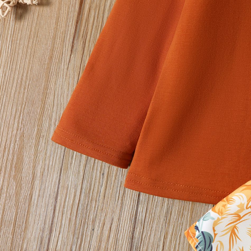 2pcs Toddler Girl Ruffled Long-sleeve Brown Tee and Floral Print Suspender Skirt Set Brown big image 4
