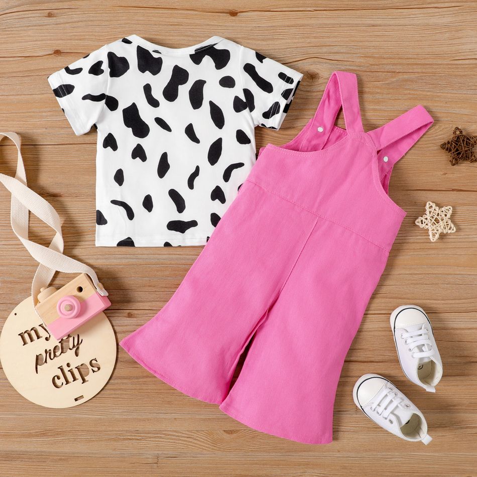 2pcs Baby Girl Cow Print Short-sleeve T-shirt and Denim Bell Bottom Overalls Set Pink big image 2