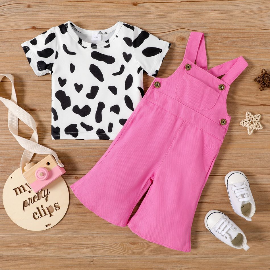 2pcs Baby Girl Cow Print Short-sleeve T-shirt and Denim Bell Bottom Overalls Set Pink big image 1