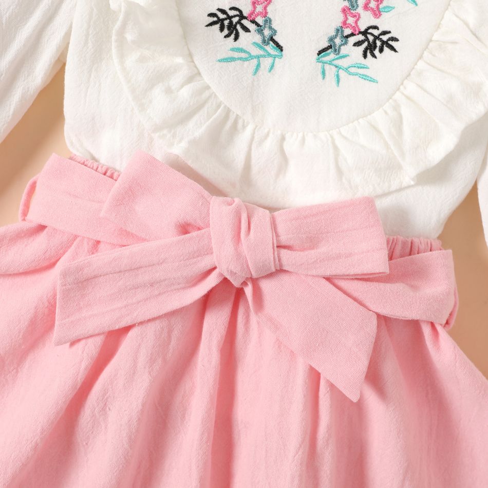 100% Cotton 2pcs Baby Girl Floral Embroidered Ruffle Trim Long-sleeve Top and Belted Skirt Set Pink big image 4