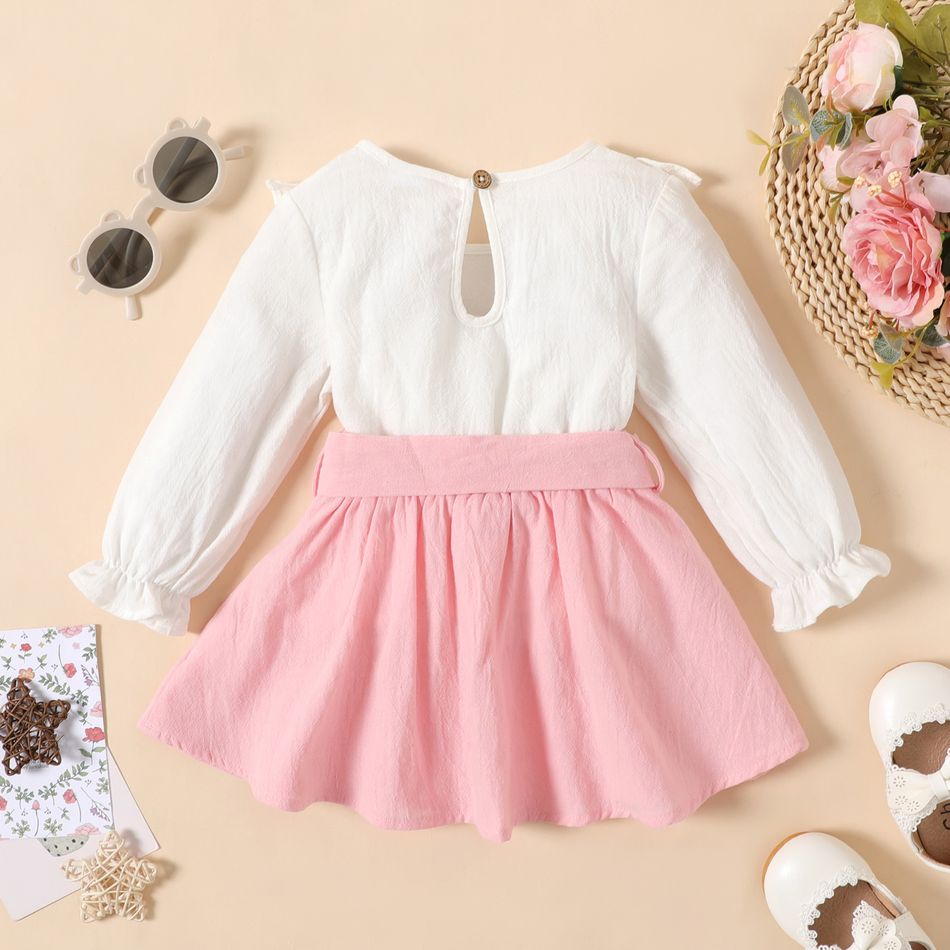 100% Cotton 2pcs Baby Girl Floral Embroidered Ruffle Trim Long-sleeve Top and Belted Skirt Set Pink big image 2