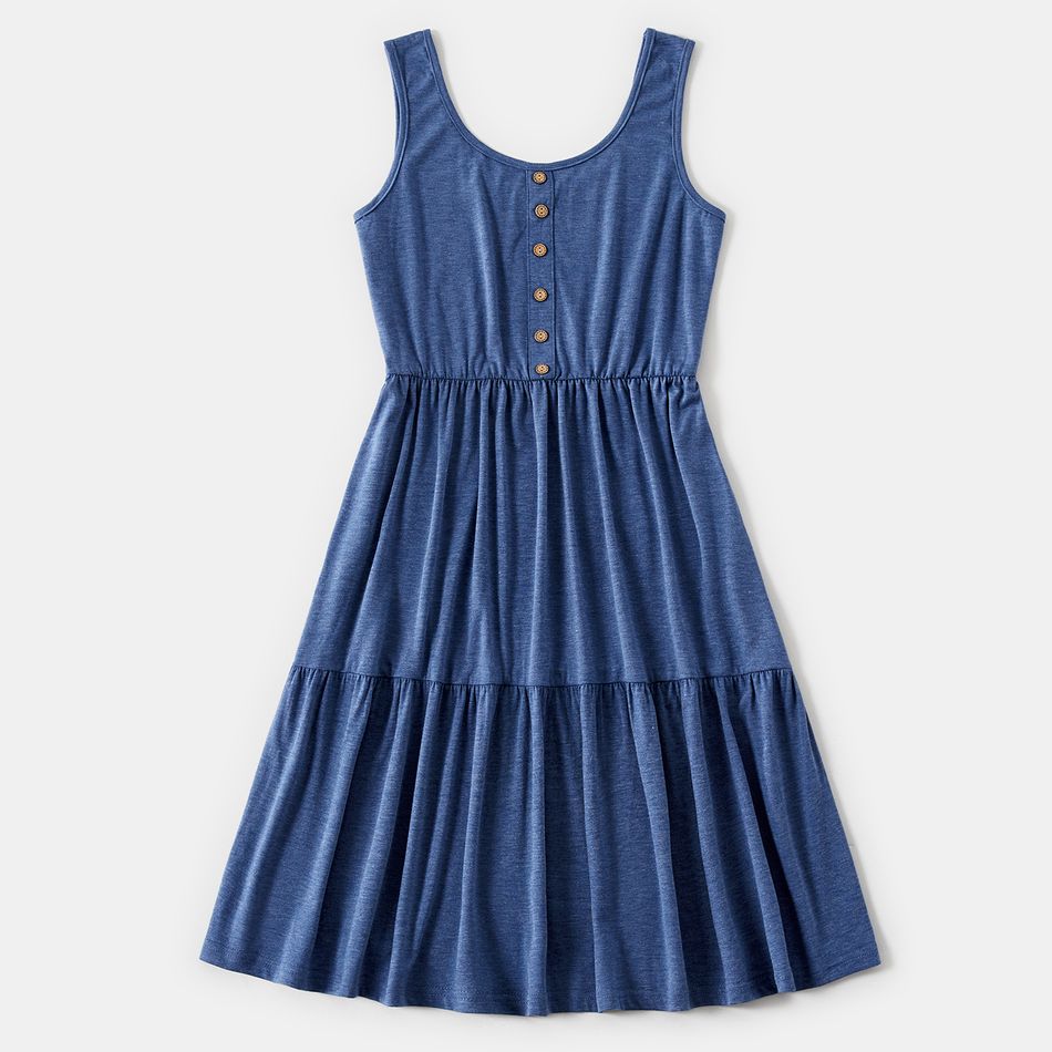 Family Matching Button Front Blue Tank Dresses and Striped Short-sleeve T-shirts Sets Blue big image 2