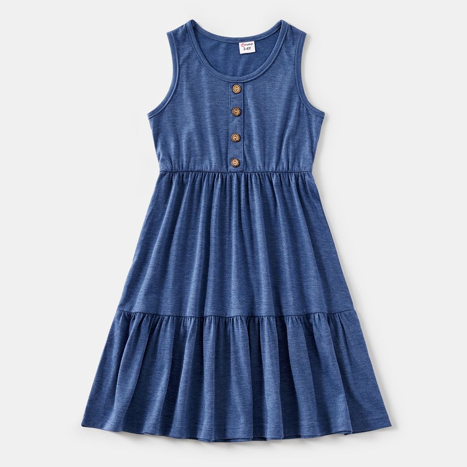 Family Matching Button Front Blue Tank Dresses and Striped Short-sleeve T-shirts Sets Blue big image 6