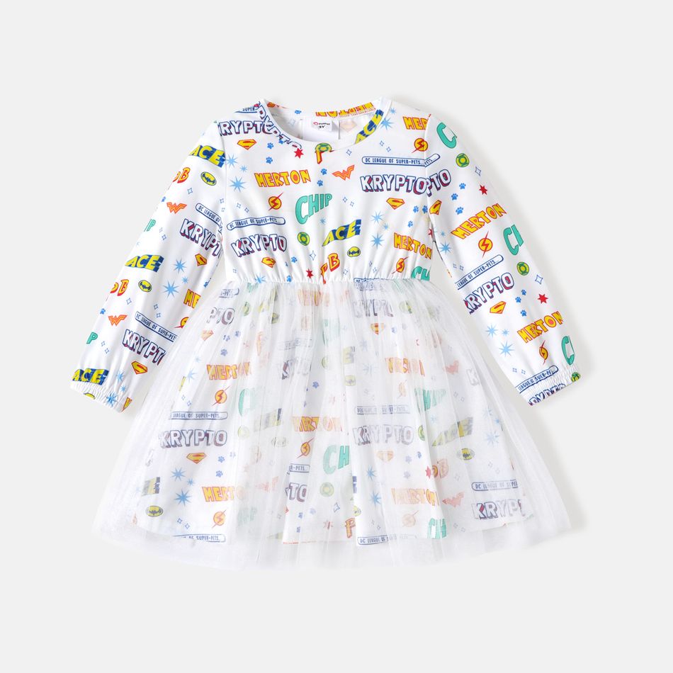 Super Pets Toddler Girl Letter Allover Print Mesh Design Long-sleeve Dress White big image 2