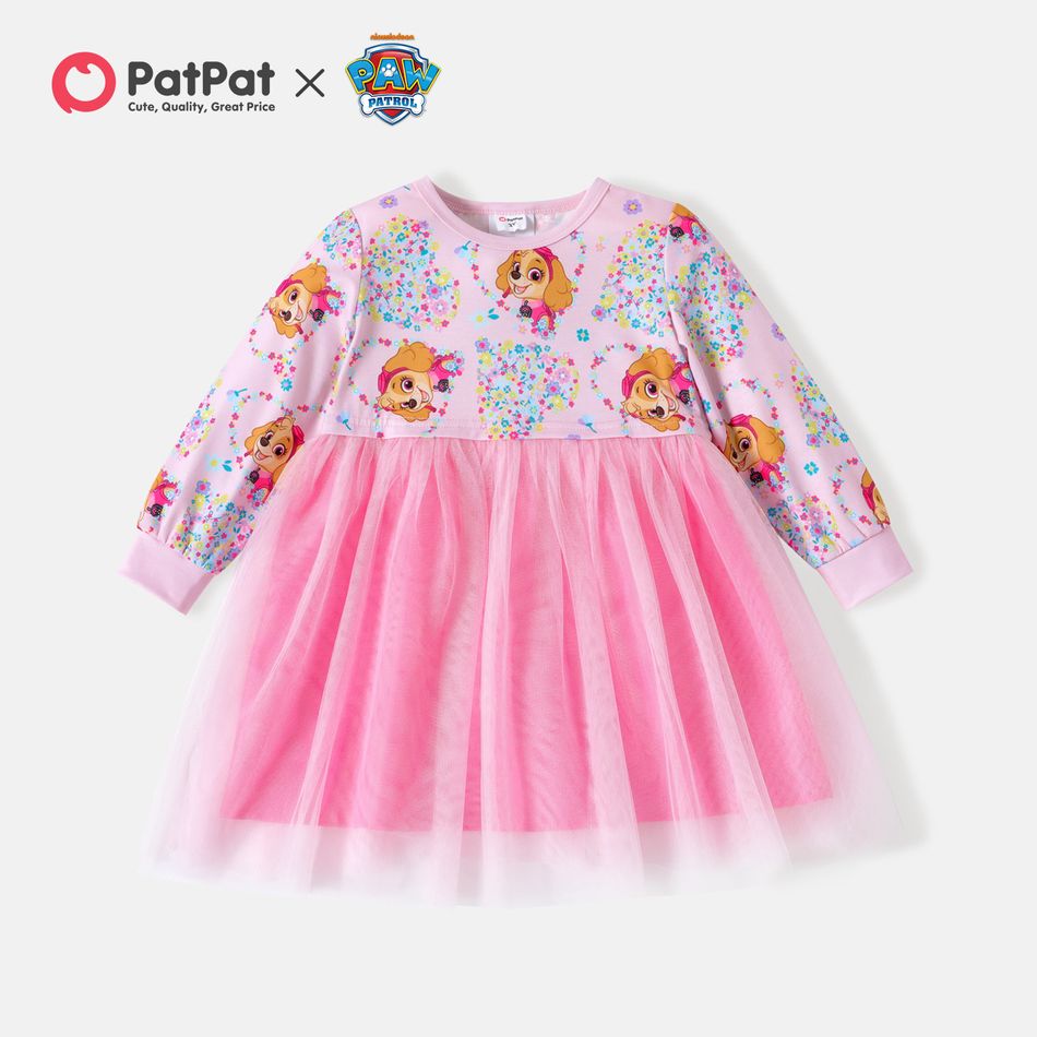 باو باترول طفل فتاة الأزهار طباعة شبكة تصميم فستان طويل الأكمام وردي فاتح big image 1