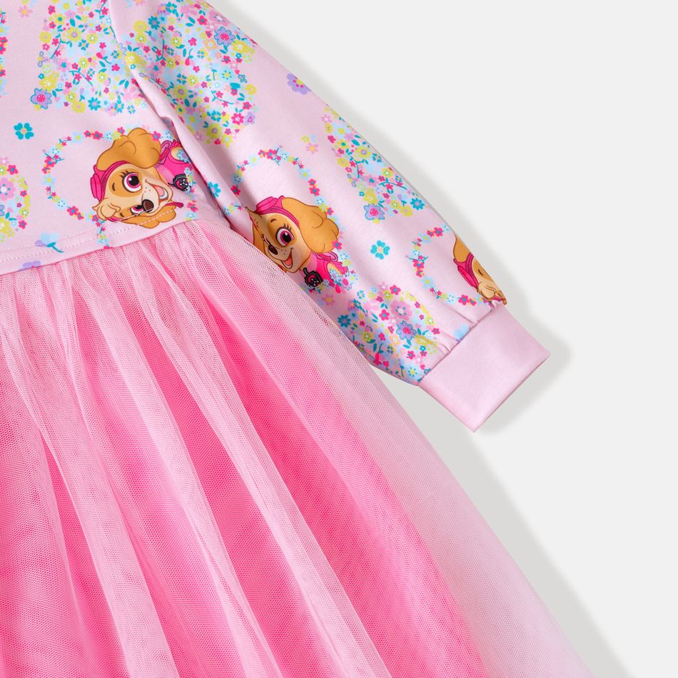 باو باترول طفل فتاة الأزهار طباعة شبكة تصميم فستان طويل الأكمام وردي فاتح
