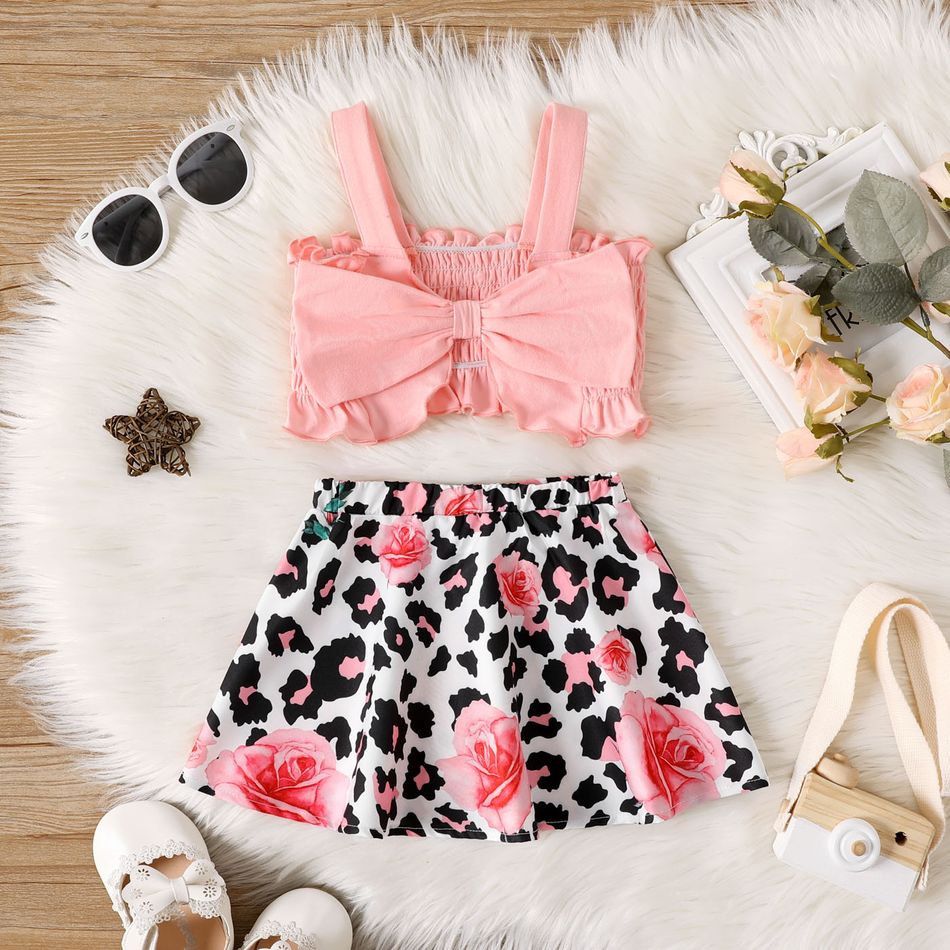 2-teiliges Baby-Mädchen-Set aus 95 % Baumwolle mit Schleife vorne, gerafftem Leibchen und Rock mit Leoparden- und Blumendruck rosa
