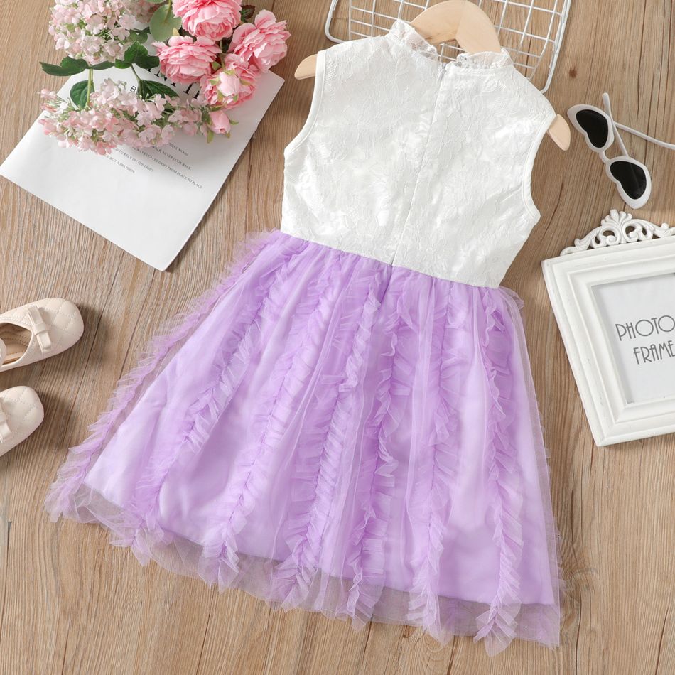 Kid Girl 100% Cotton Lace Tulle Splice Bowknot Design Sleeveless Princess Party Dress White big image 2