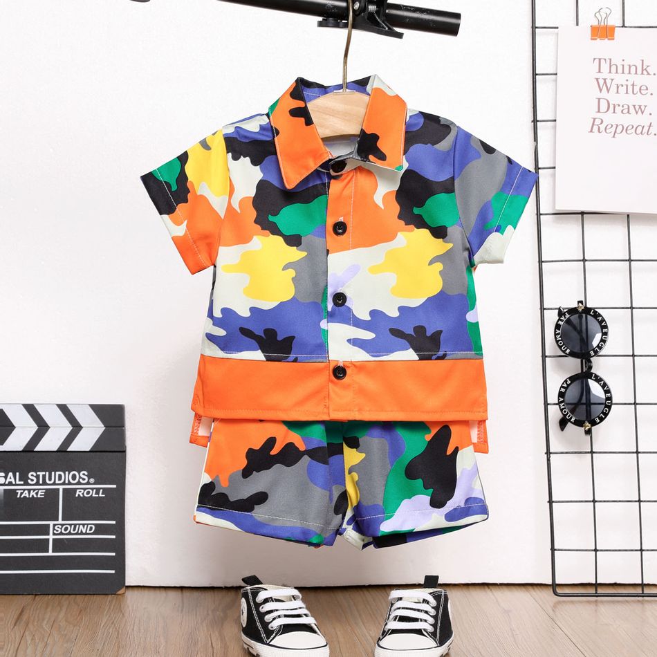 2pcs Baby Girl Button Up Camouflage Short-sleeve Top and Shorts Set Orange