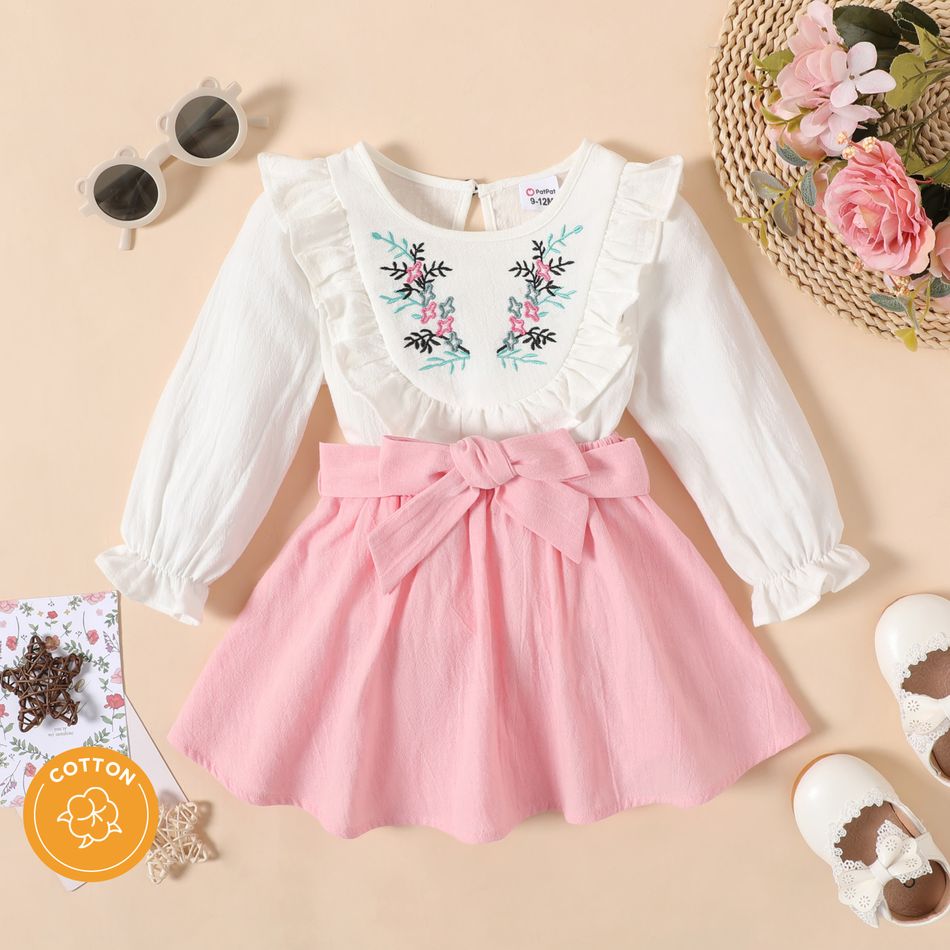 100% Cotton 2pcs Baby Girl Floral Embroidered Ruffle Trim Long-sleeve Top and Belted Skirt Set Pink big image 1