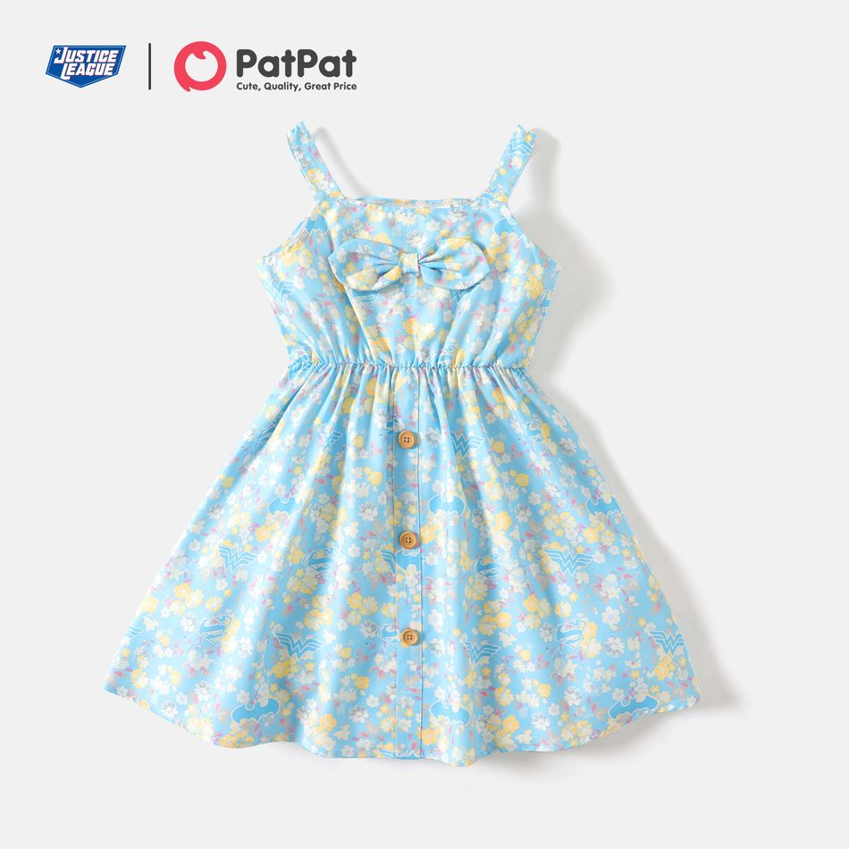 Justice League Kid Girl Allover Print Bowknot Design Cami Dress Blue
