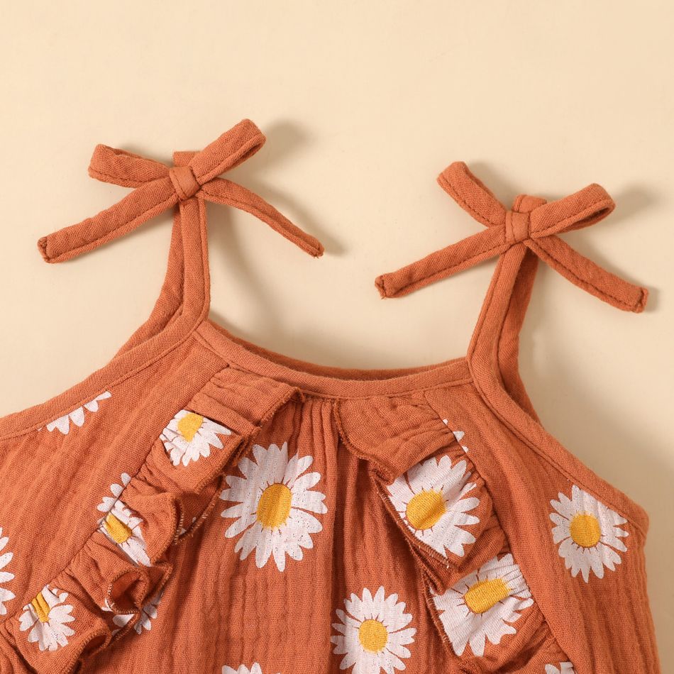 100% Cotton Crepe Baby Girl Allover Daisy Floral Print Ruffle Trim Cami Jumpsuit Brown big image 4