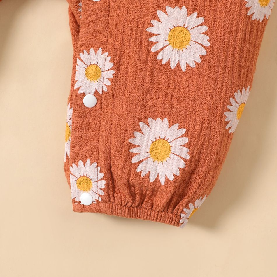 100% Cotton Crepe Baby Girl Allover Daisy Floral Print Ruffle Trim Cami Jumpsuit Brown