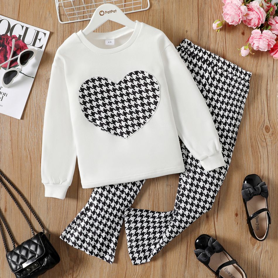 2pcs Kid Girl Heart Embroidered White Sweatshirt and Houndstooth Flared Pants Set BlackandWhite