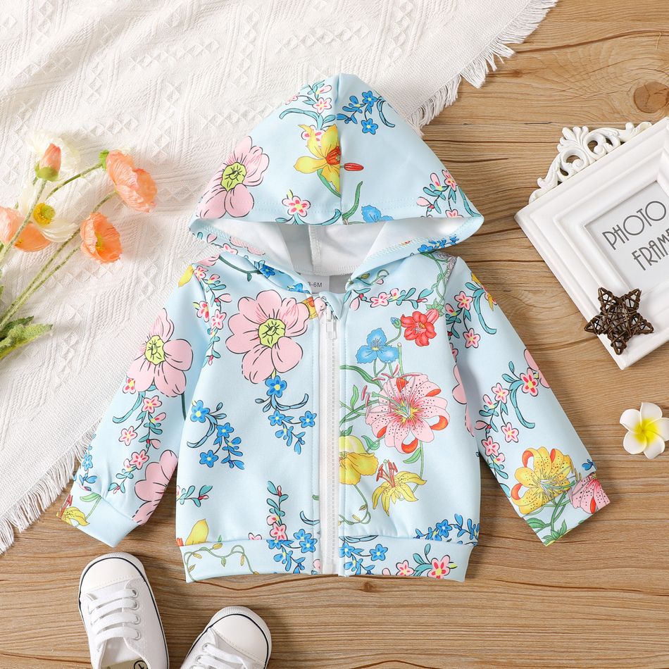 Baby Girl Allover Floral Print Hooded Long-sleeve Zip Jacket Blue