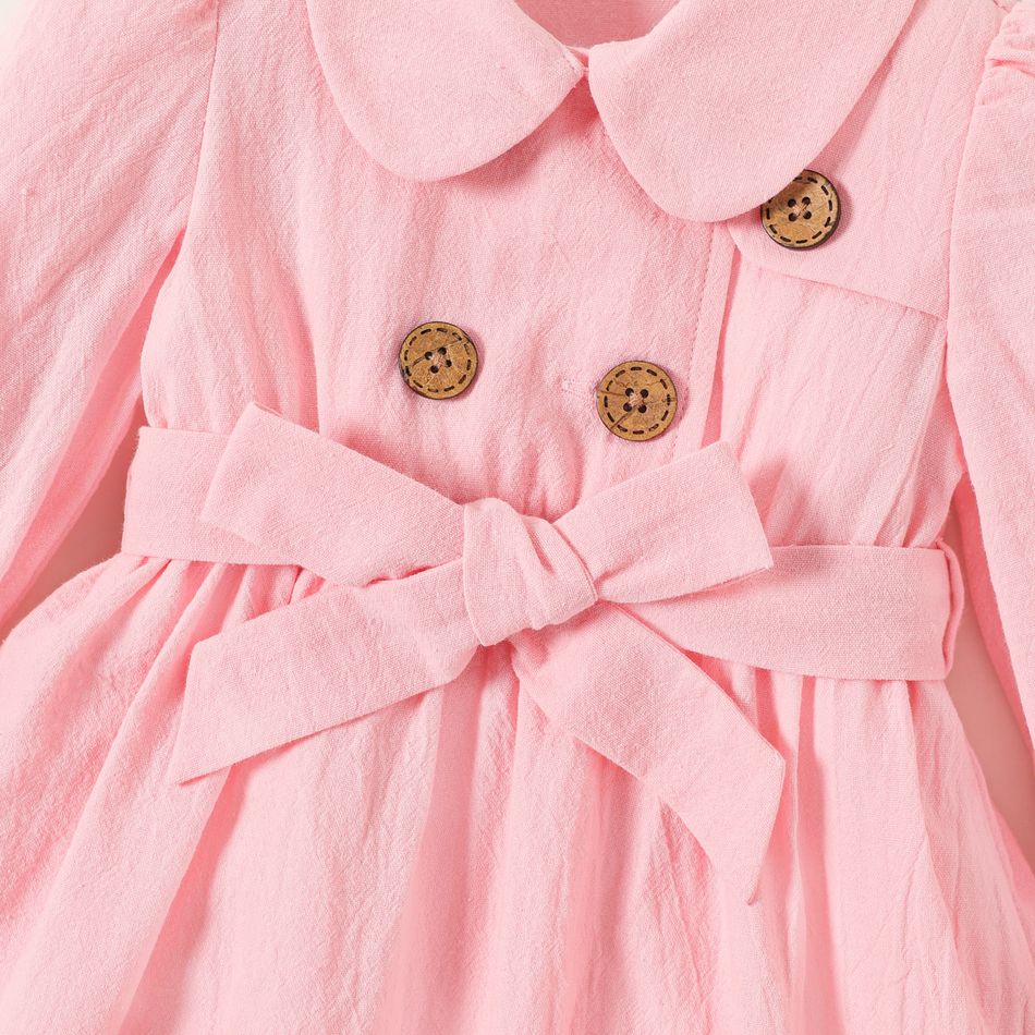 100% Cotton Baby Girl Solid Peter Pan Collar Double Breasted Belted Long-sleeve Dress Pink big image 5