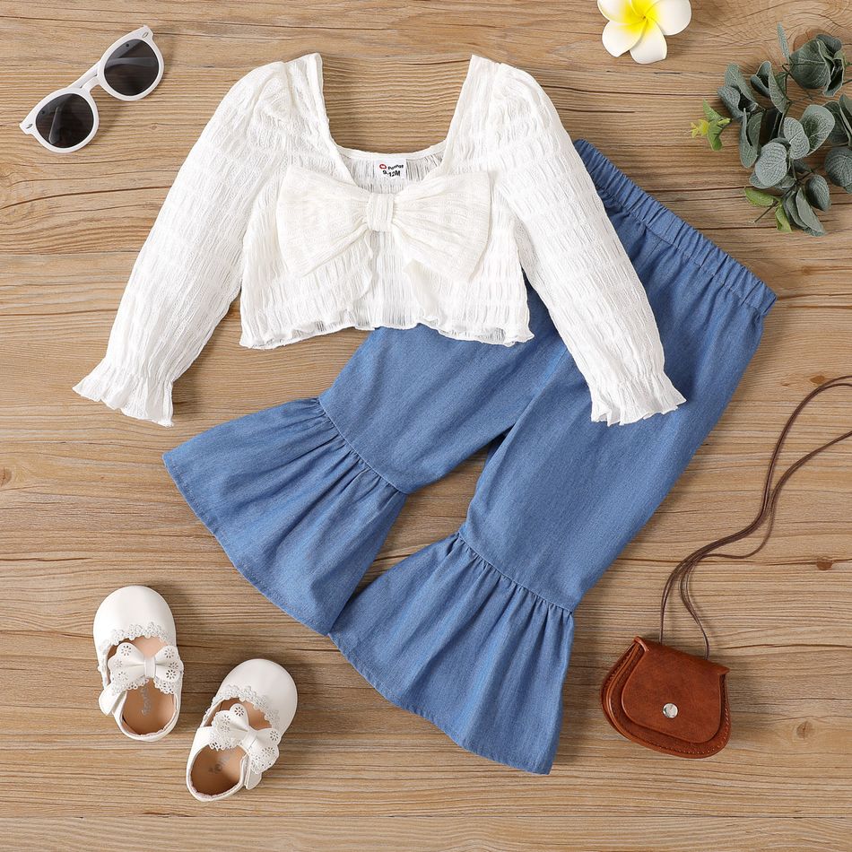 2pcs Baby Girl 100% Cotton Flared Pants and Bow Front Long-sleeve Textured Crop Top Set BLUEWHITE