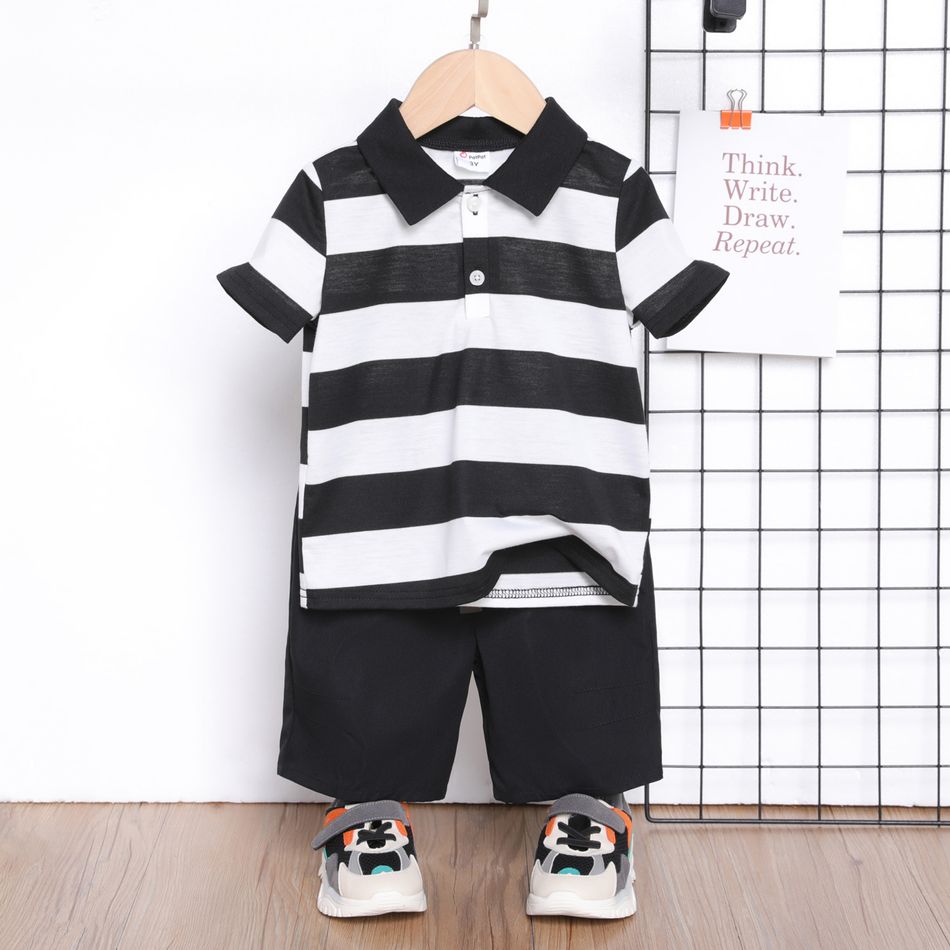 2pcs Toddler Boy Stripe Short-sleeve Polo Shirt and Black Shorts Set BlackandWhite