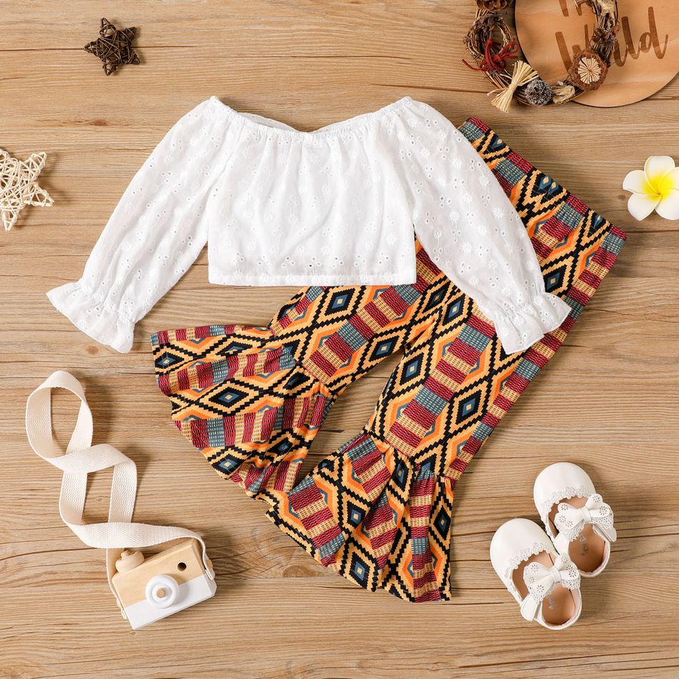 2pcs Baby Girl 100% Cotton Eyelet Embroidered Ruched Long-sleeve Top and Boho Flared Pants Set Color block big image 2
