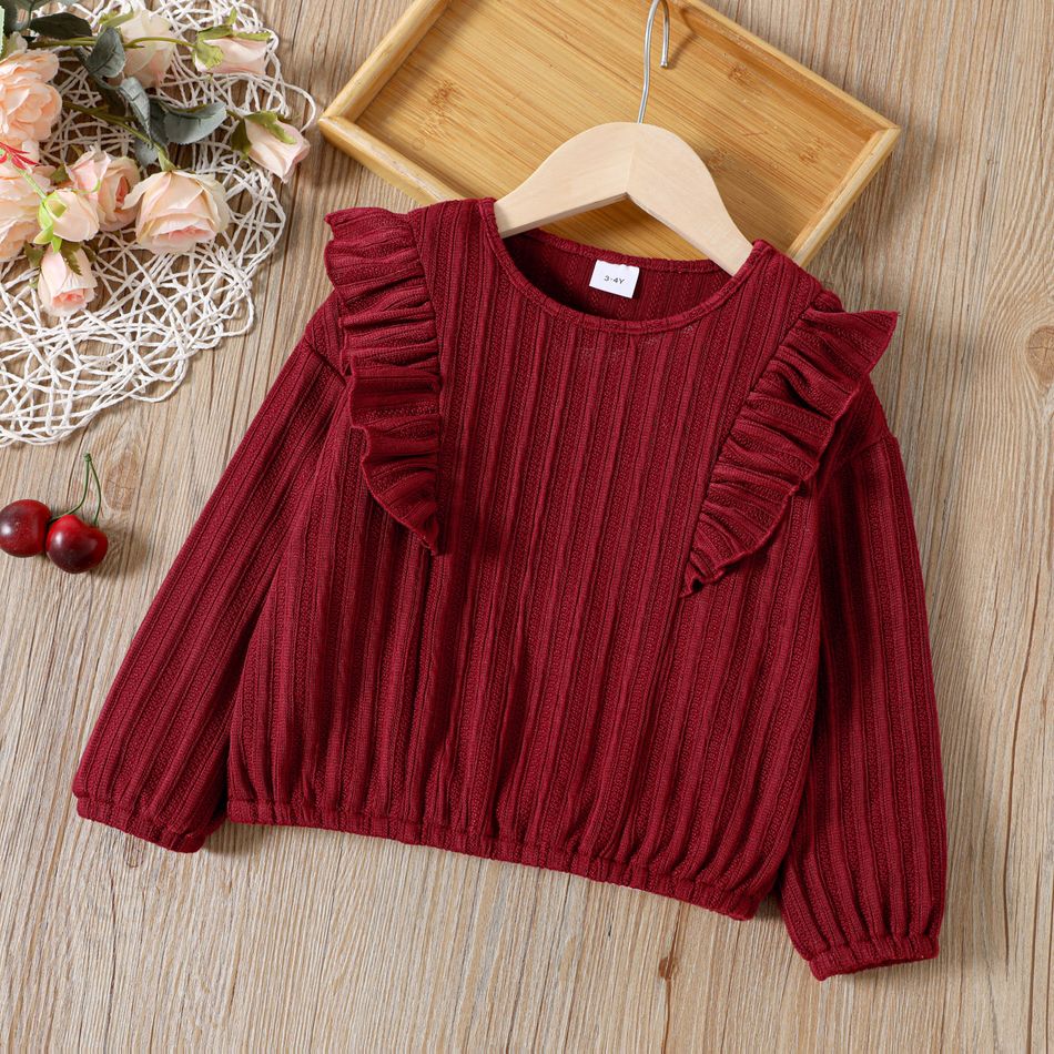 Toddler Girl Sweet Ruffled Textured Long-sleeve Red Blouse Red