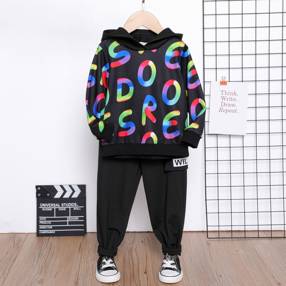 2pcs Toddler Boy Letter Print Hooded Sweatshirt and Black Elasticized Pants Set Black