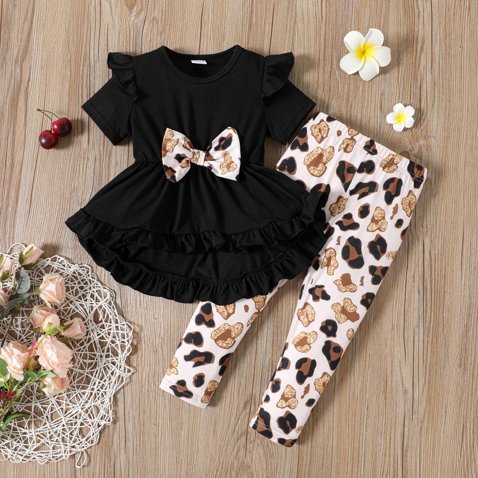 2pcs Toddler Girl Bowknot Design Ruffled High Low Short-sleeve Black Tee and Leopard Print Leggings Set Black