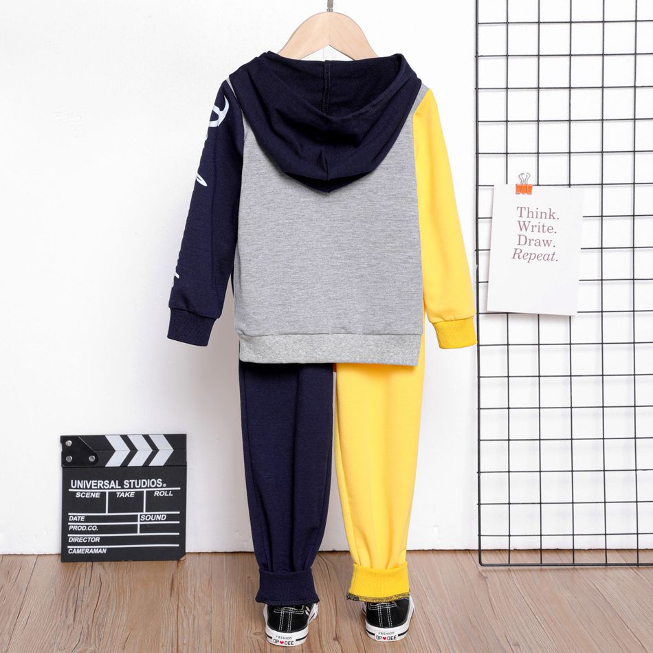 2pcs Toddler Boy Letter Print Colorblock Hooded Sweatshirt and Pants Set ColorBlock big image 2