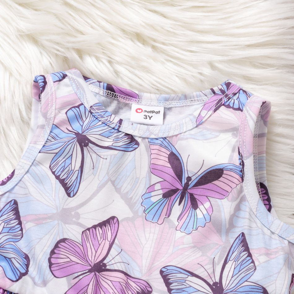 2pcs Toddler Girl Butterfly Print Sleeveless Dress and Button Design Purple Cardigan Set Purple big image 4