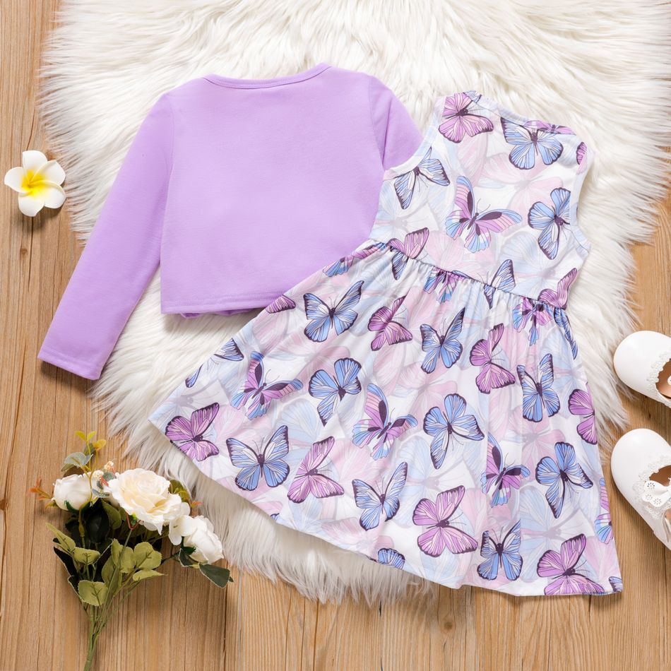 2pcs Toddler Girl Butterfly Print Sleeveless Dress and Button Design Purple Cardigan Set Purple big image 2