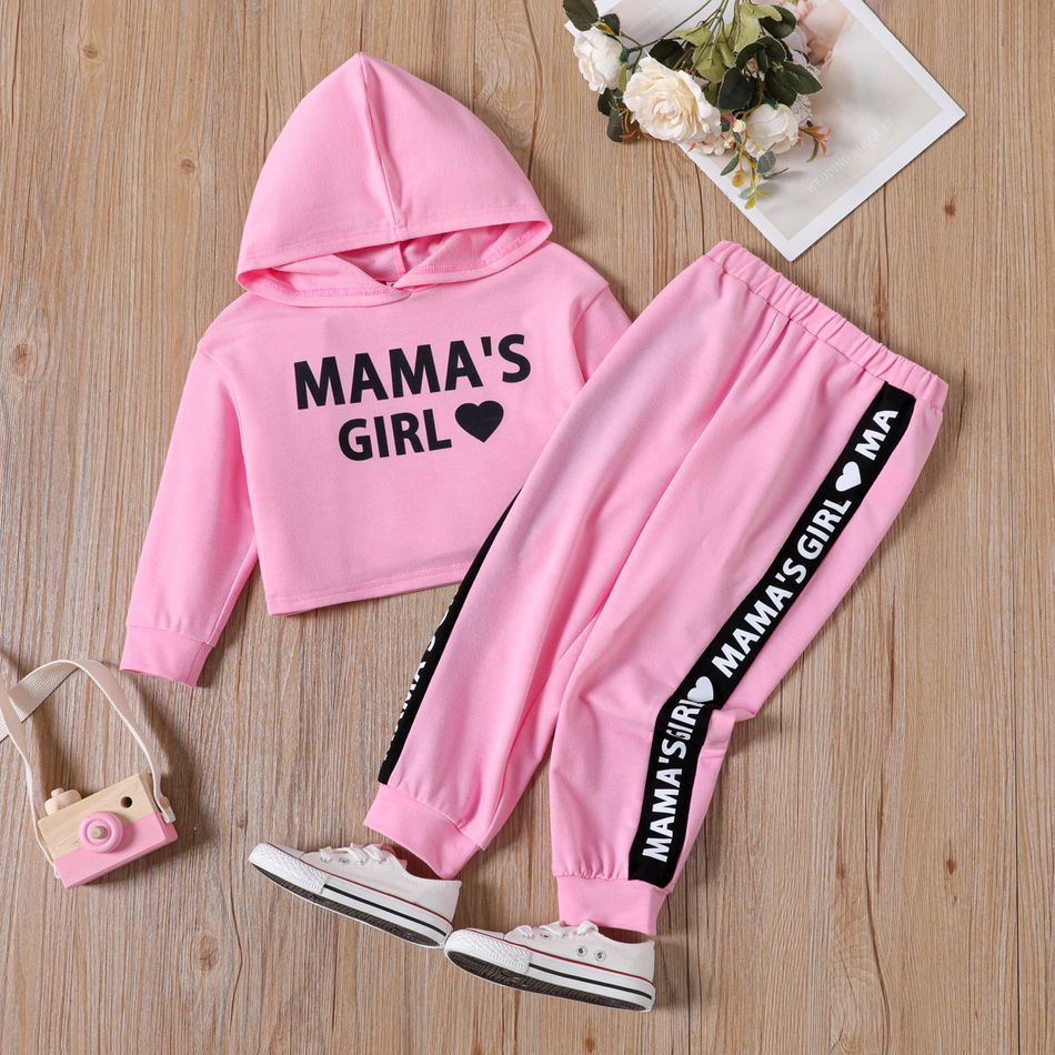 2pcs Toddler Girl Letter Print Crop Hooded Sweatshirt and Pants Set pink big image 1