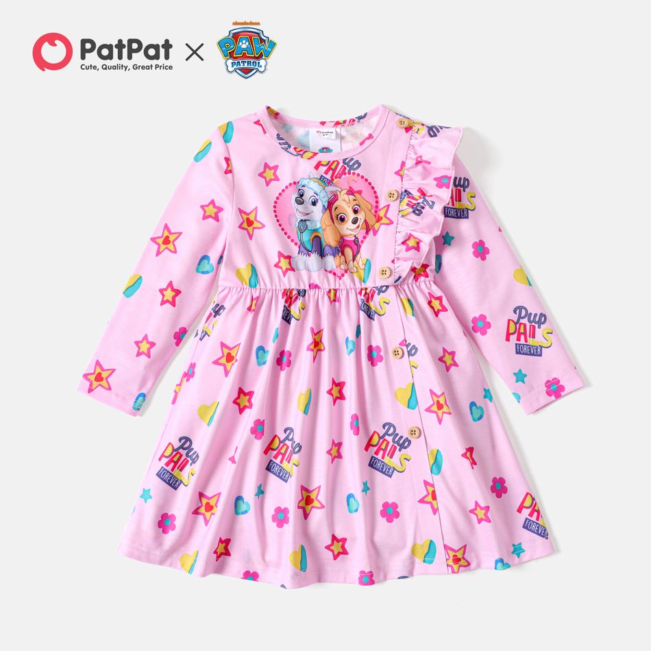 PAW Patrol Toddler Girl Puppy Print Ruffled Button Design Long-sleeve Pink Dress Light Pink
