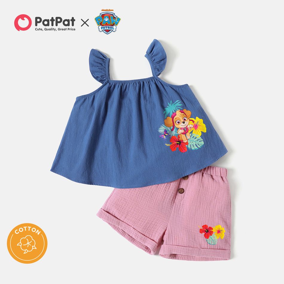 PAW Patrol 2pcs Toddler Girl 100% Cotton Floral Print Blue Camisole and Button Design Crepe Pink Shorts Set Blue grey