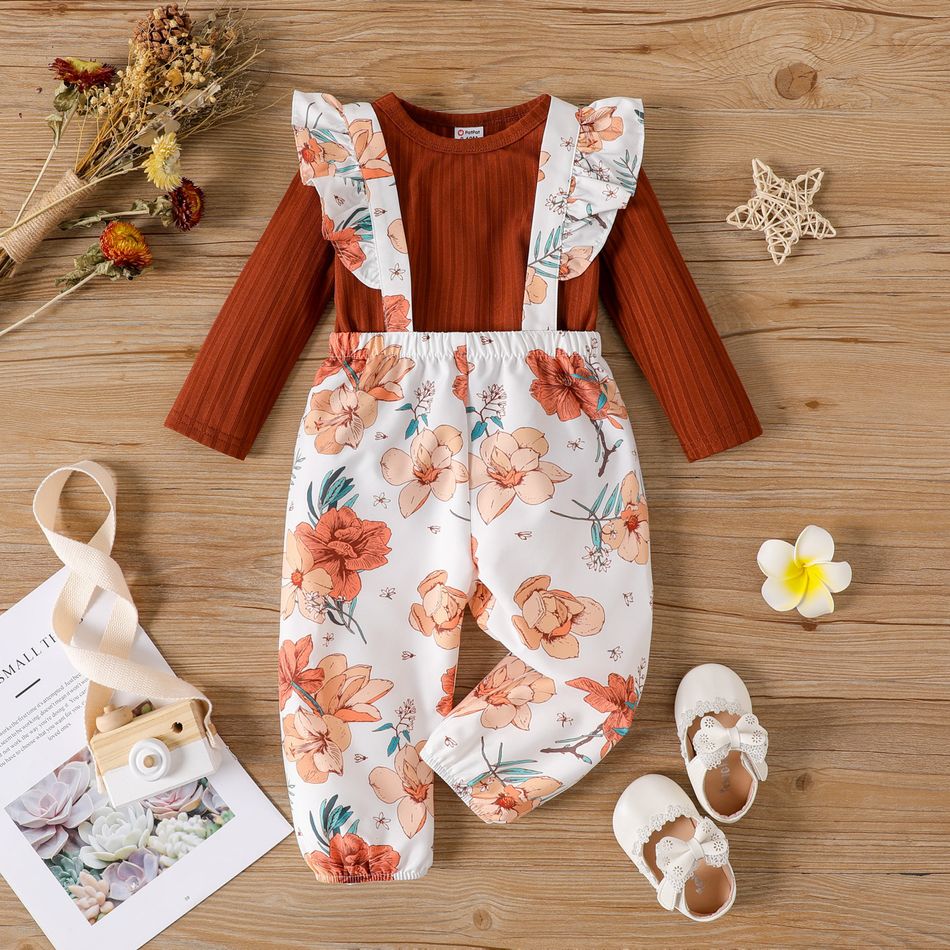 2pcs Baby Girl Solid Rib Knit Long-sleeve Top and Floral Print Ruffle Trim Suspender Pants Set Brown