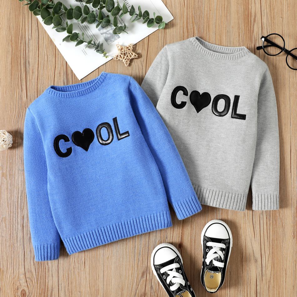 Toddler Girl Letter Embroidered Knit Sweater Light Grey