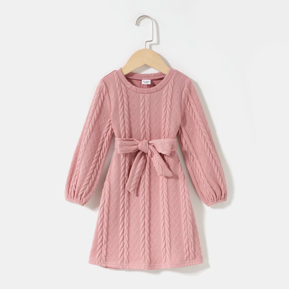Pink Cable Knit Round Neck Belted Long-sleeve Dress for Mom and Me Pink big image 6