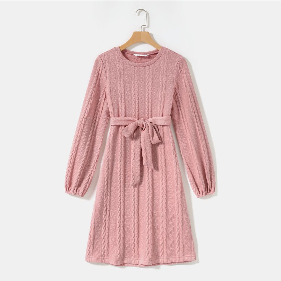 Pink Cable Knit Round Neck Belted Long-sleeve Dress for Mom and Me Pink big image 2