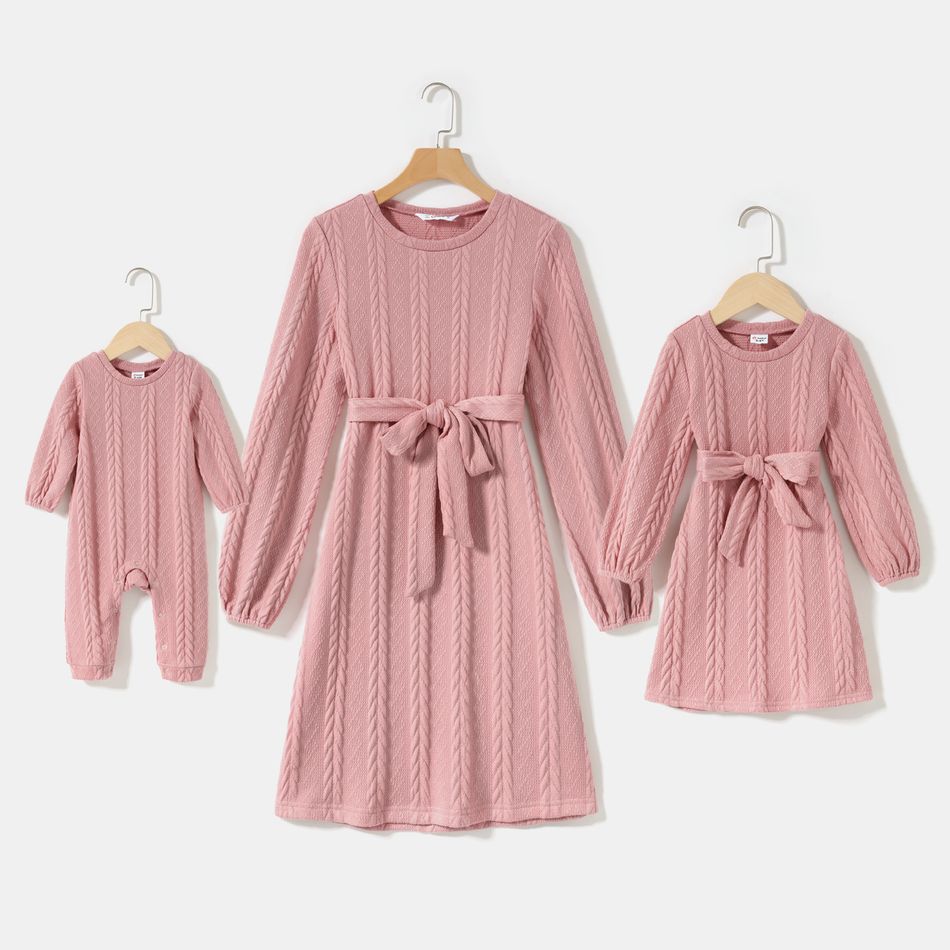 Pink Cable Knit Round Neck Belted Long-sleeve Dress for Mom and Me Pink big image 1