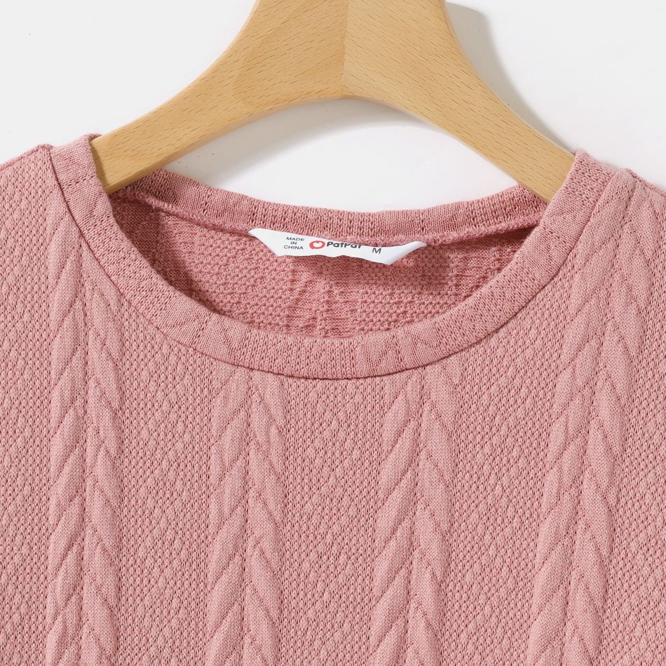 Pink Cable Knit Round Neck Belted Long-sleeve Dress for Mom and Me Pink big image 3