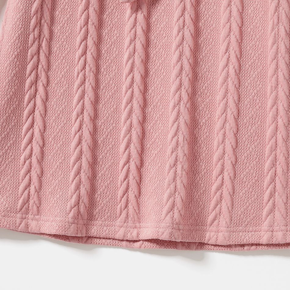 Pink Cable Knit Round Neck Belted Long-sleeve Dress for Mom and Me Pink