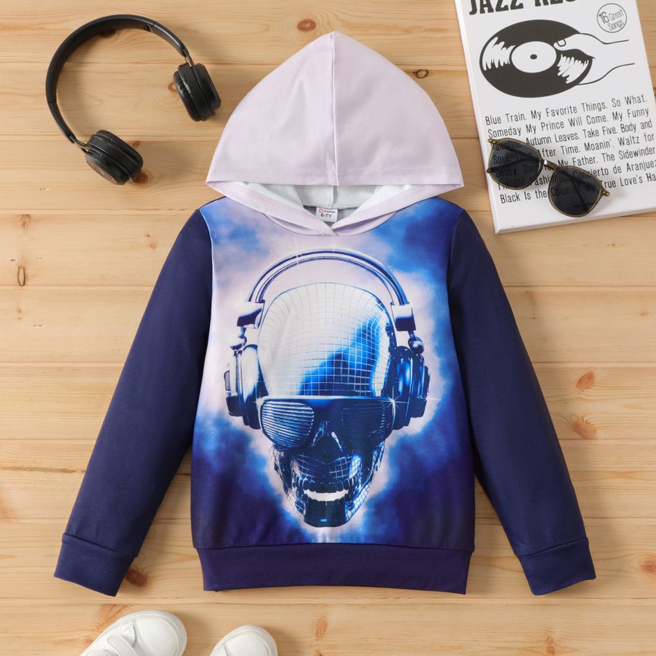 Kid Boy Colorblock Tie Dyed Figure Print Hoodie Sweatshirt Dark Blue