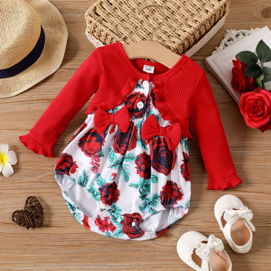 Baby Girl Long-sleeve Faux-two Rib Knit Bow Front Spliced Allover Rose Floral Print Romper WineRed