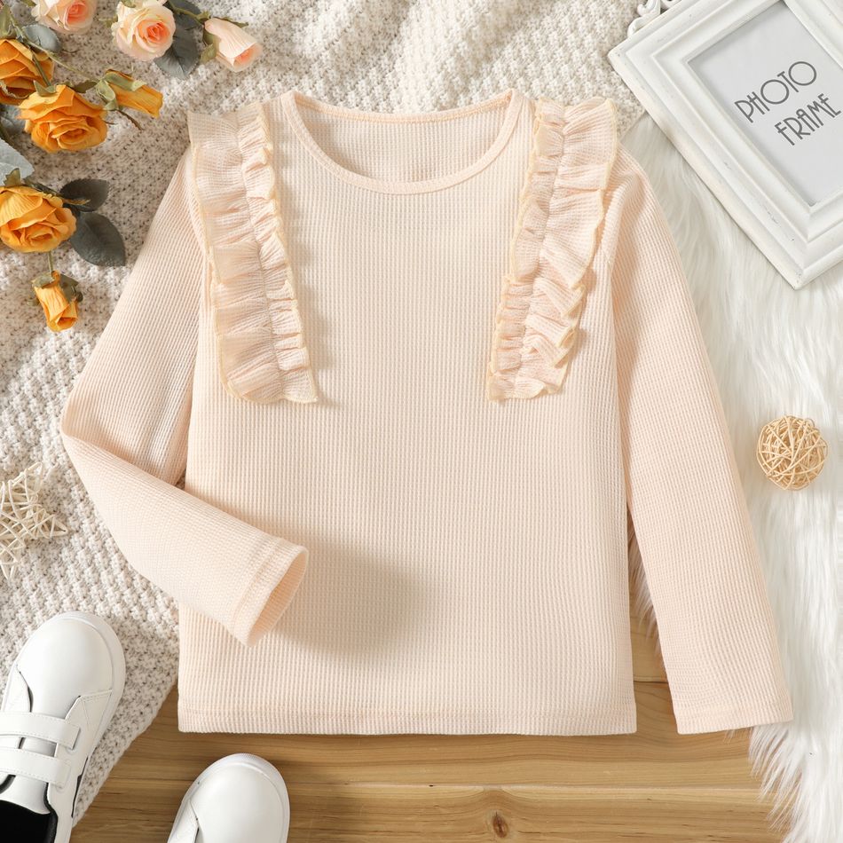 Kid Girl Solid Color Ruffled Waffle Long-sleeve Tee Apricot