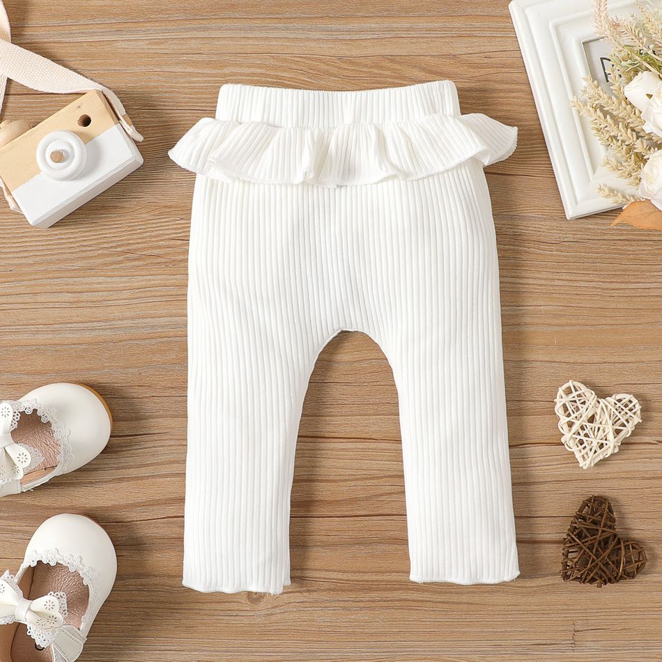 Baby Girl 95% Cotton Rib Knit Ruffle Trim Pants Leggings White big image 3