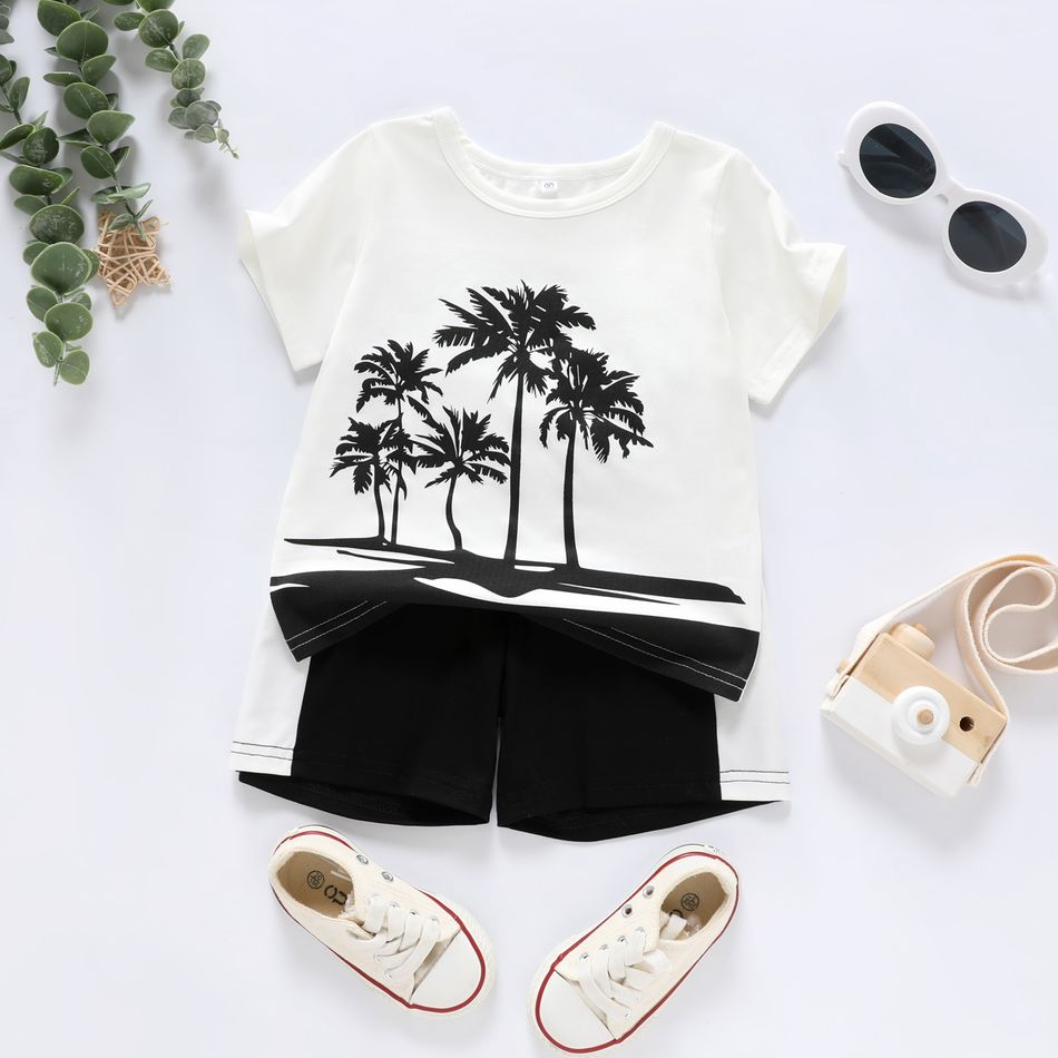 Ready For It Toddler Boy 2pcs Coconut Tree Print Short-sleeve White T-shirt Top and Color Splice Black Shorts Set White