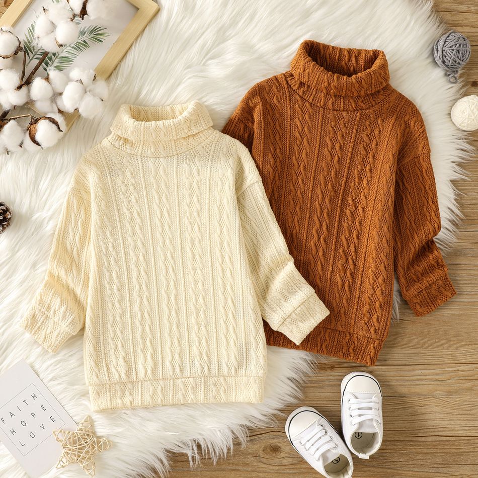 Baby Girl Solid Cable Knit Turtleneck Long-sleeve Sweater Dress Apricot big image 2